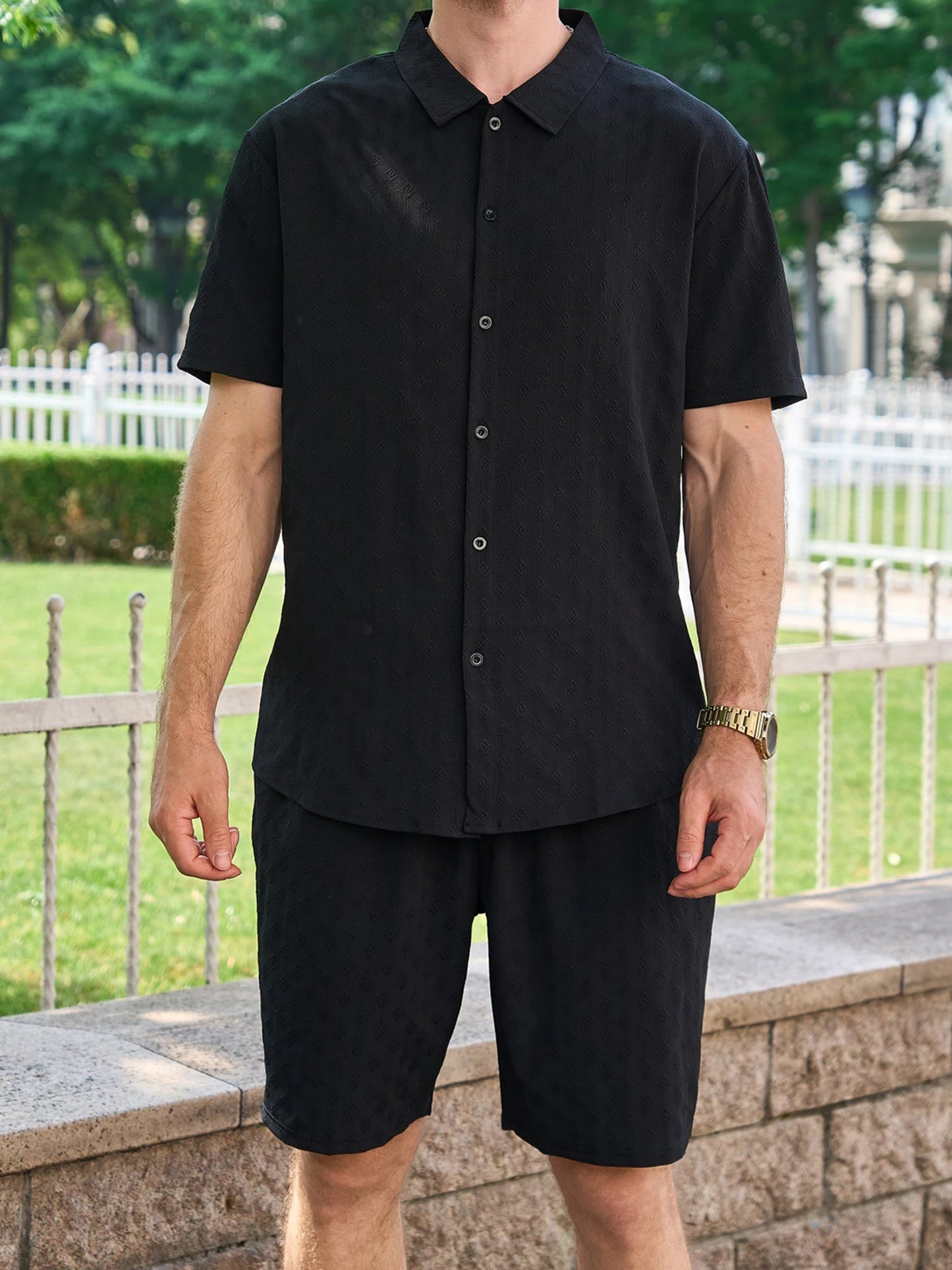 Casual Men s Summer Outfit Stylish Solid Color Jacquard Short Sleeve Shirt and Elastic Beach Shorts for Streetwear Fashion