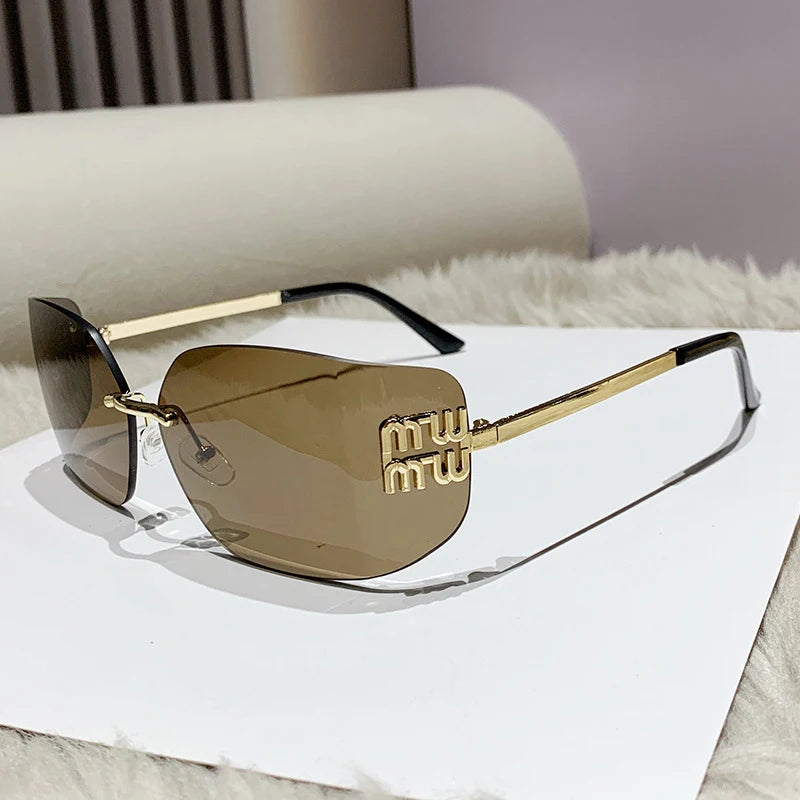 1pc Classic Sun Glasses Female Funky Metal Luxury Rimless Sunglasses Women BrandDesigner Rivets Rectangle Gradient Curved Shades