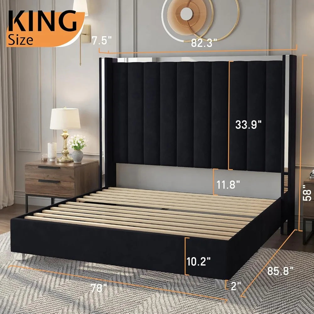 Velvet Upholstered Platform Bed Frame With Chrome Accents