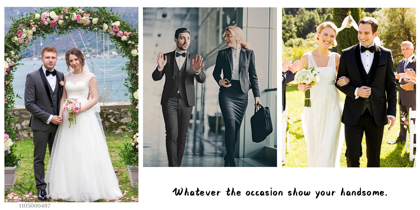 4pcs Men's Suit: Blazer, Vest, Pants, Black Tie.  One Button, Plain Color Tuxedo. Regular Fit. For Wedding, Groomsman Attire.