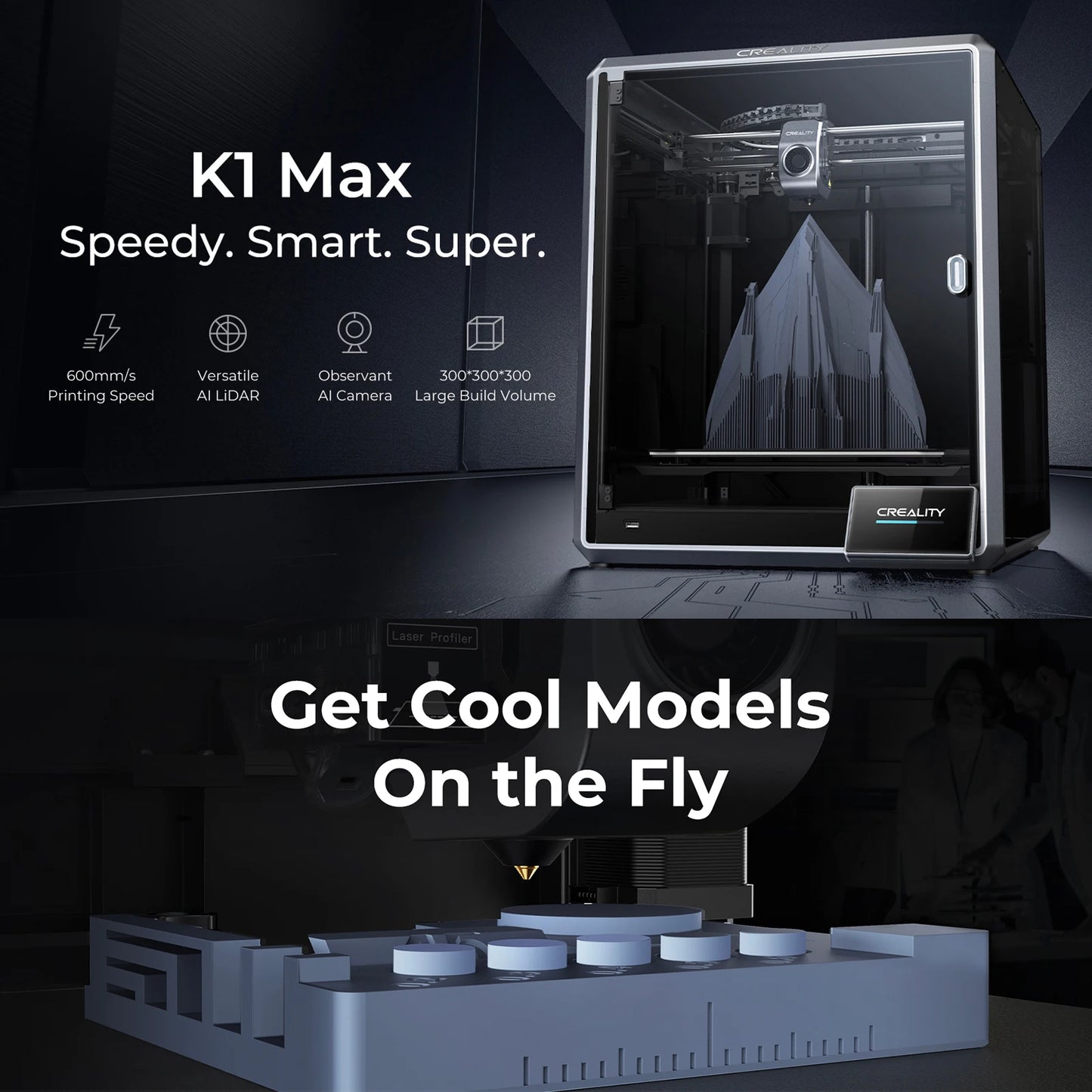 Creality K1 Max 3D Printer 600mm /s Printing Speed Dual-gear Direct Drive Extruder 300x300x300MM