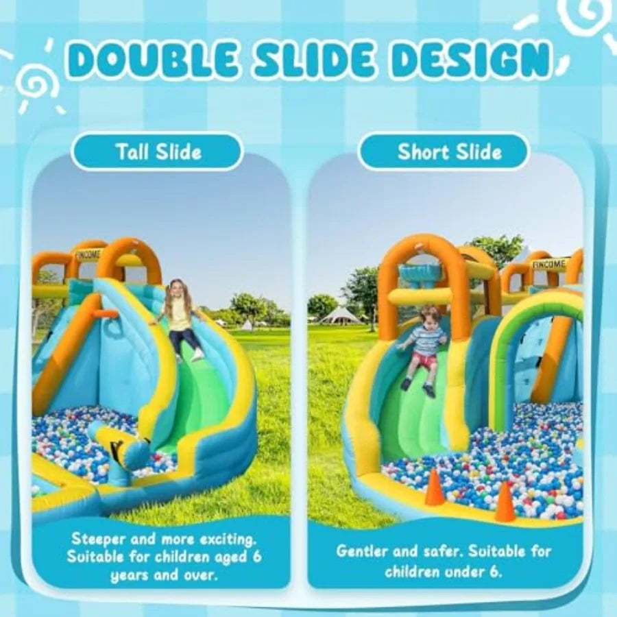 Inflatable Water Slide Bounce House with 2 Slides for Inflatable Waterslide Park with Splash Pool Basketball Hoop Ball Shooting