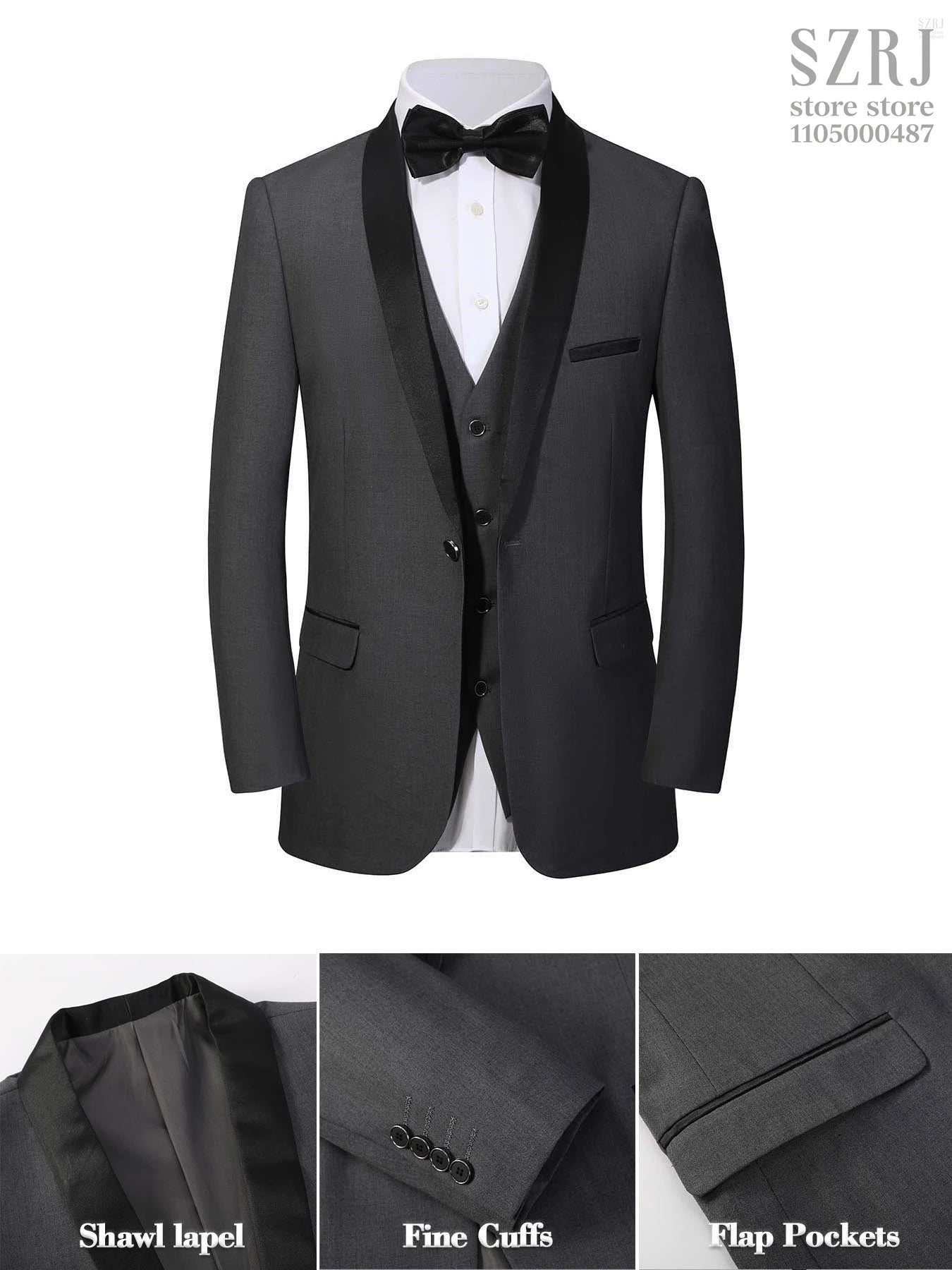 4pcs Men's Suit: Blazer, Vest, Pants, Black Tie.  One Button, Plain Color Tuxedo. Regular Fit. For Wedding, Groomsman Attire.