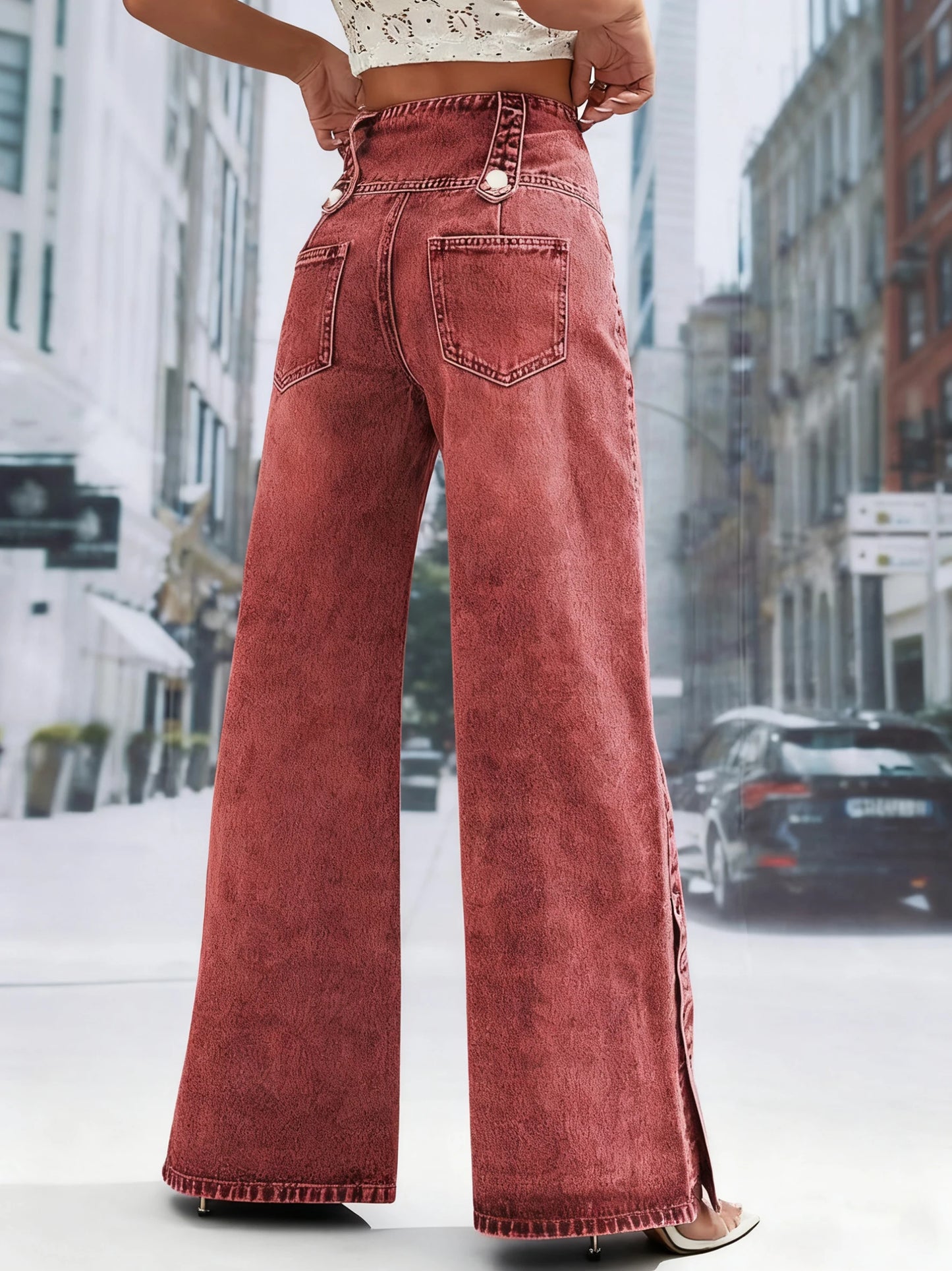 Ladies' vintage red-brown wide-leg jeans. Multiple buttons, slightly stretchy, mid-rise, casual and fashionable denim trousers.