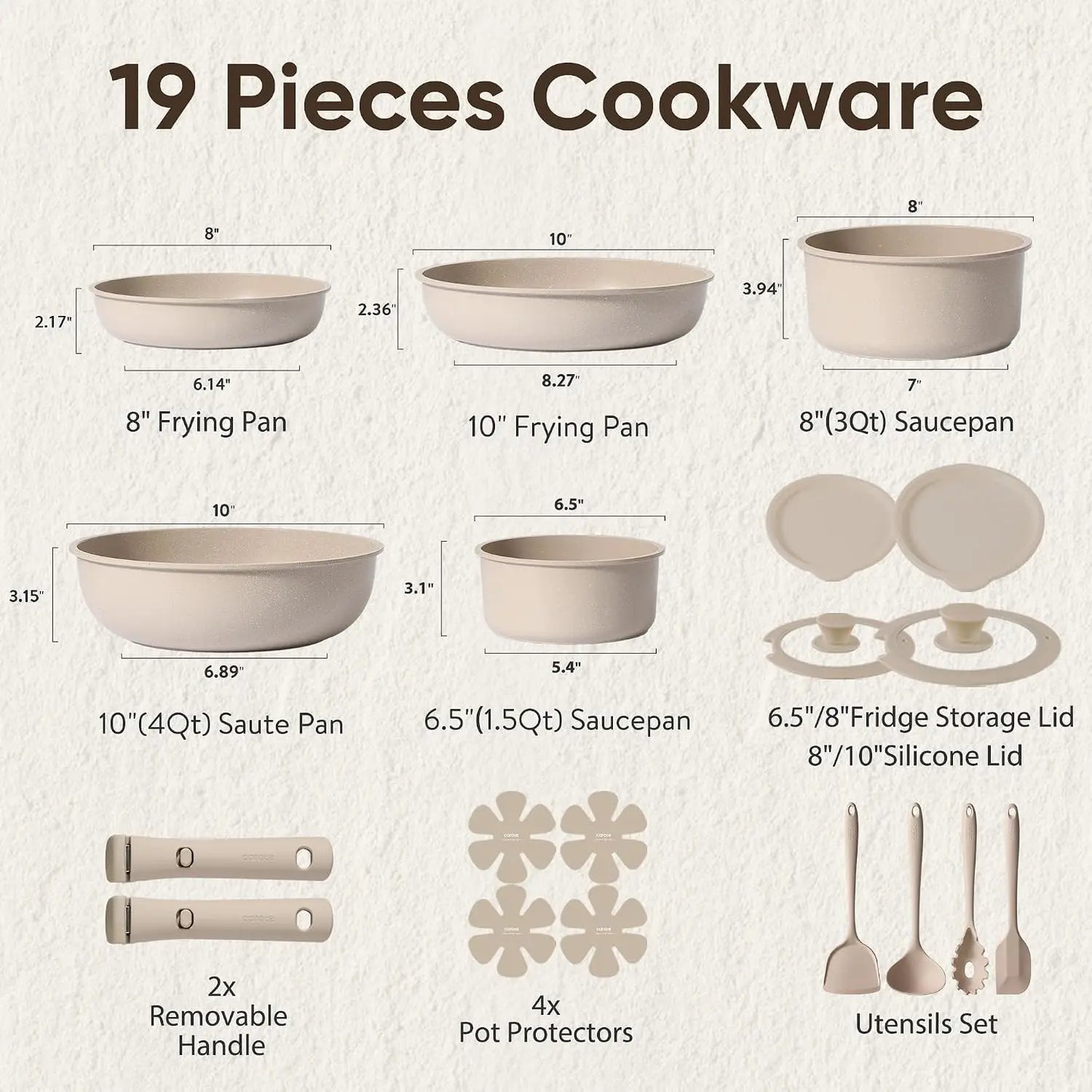 19pcs Pots and Pans Set Non Stick, Nonstick Cookware Set Detachable Handle, Induction Kitchen Cooking Sets with Removable Handle