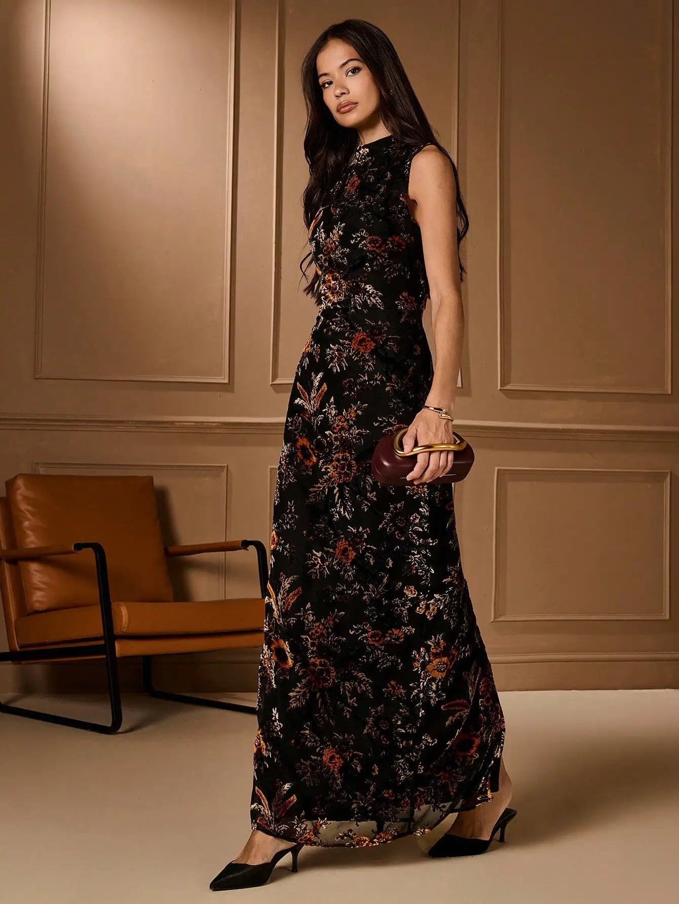 Women's Floral Jacquard Sleeveless Stand Collar Dress