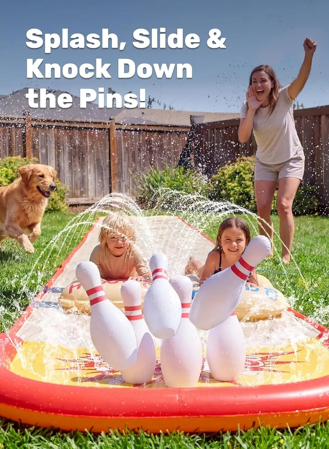 20FT Lawn Water Slide Bowling Game Set with Built-in Sprinkler, Summer Slip Waterslide Toy for Backyard Outdoor Fun