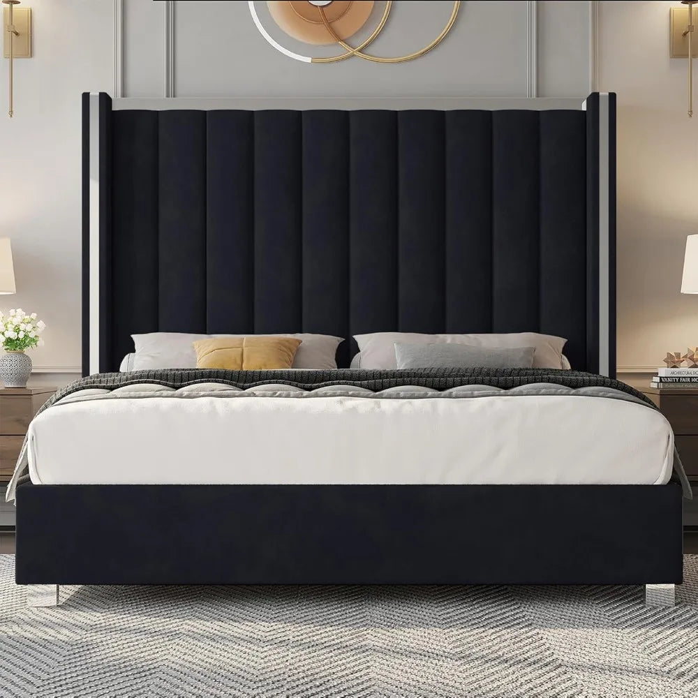 Velvet Upholstered Platform Bed Frame With Chrome Accents
