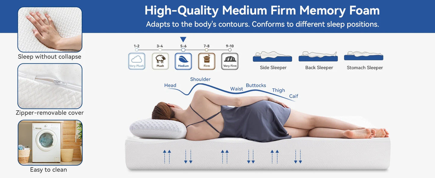 Hcore Extra Firm Memory Foam Mattress 8/10inch Queen Size Mattress with Tencel Cover Firm Mattress for Back Pain