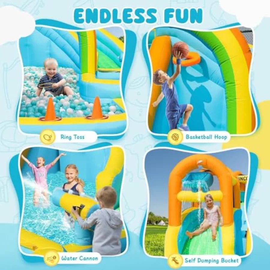 Inflatable Water Slide Bounce House with 2 Slides for Inflatable Waterslide Park with Splash Pool Basketball Hoop Ball Shooting