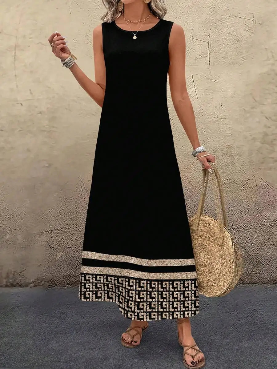 Black Sleeveless Midi Dress with Geometric Print Hem, Loose Fit for Summer Casual Wear