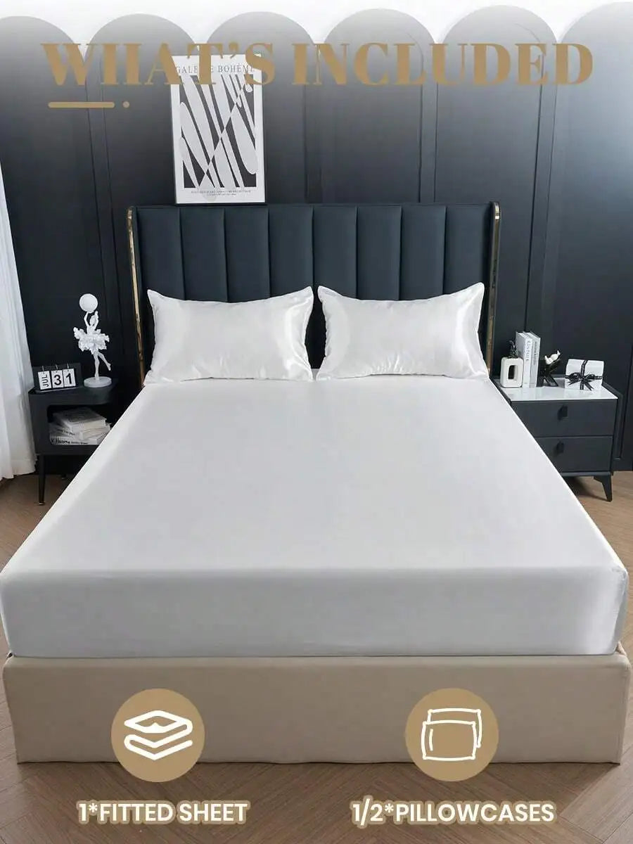 2/3pcs Satin Fitted Sheet Set with Pillowcases, Solid Color, Deep Pocket, Soft & Cool Touch for Queen/King Bed