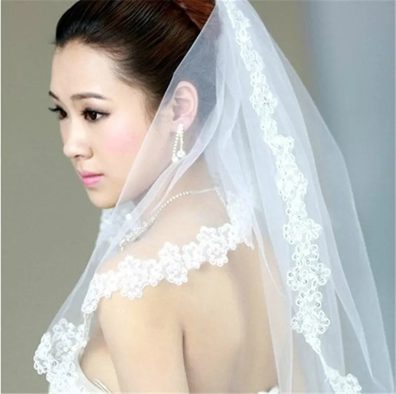 White Sequins Edge Tulle Bridal Wedding Veils One Tier Beaded 120cm Bride Accessory 2024