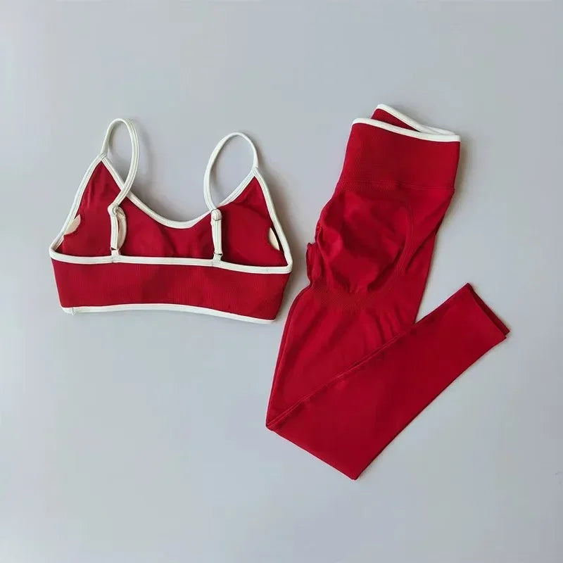 Women's Fitness Suit, Strappy Contrast Color Patchwork Sports Shockproof Slimming Quick-Dry Nude Feel Pants, Yoga Wear