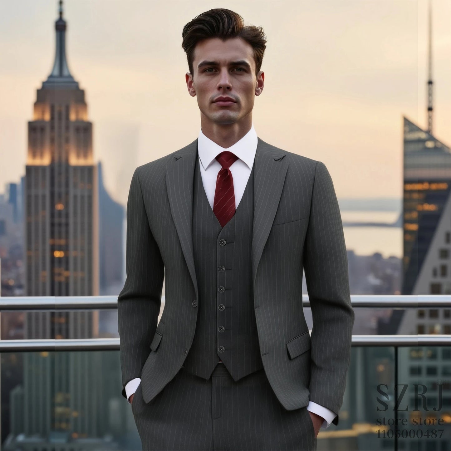 Men's three piece vertical striped gray suit - double button jacket+vest+pants, suitable for wedding/business/daily wear