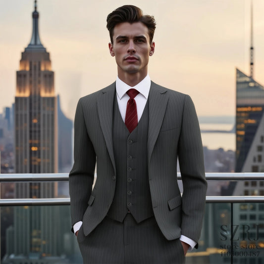 Men's three piece vertical striped gray suit - double button jacket+vest+pants, suitable for wedding/business/daily wear