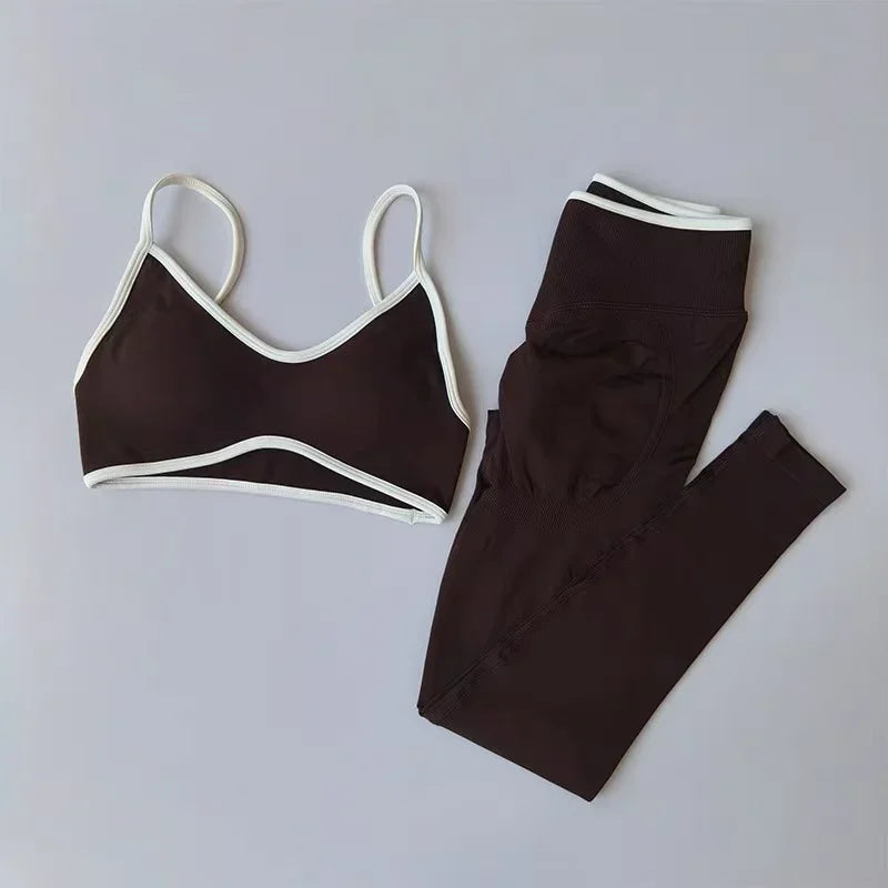 Women's Fitness Suit, Strappy Contrast Color Patchwork Sports Shockproof Slimming Quick-Dry Nude Feel Pants, Yoga Wear