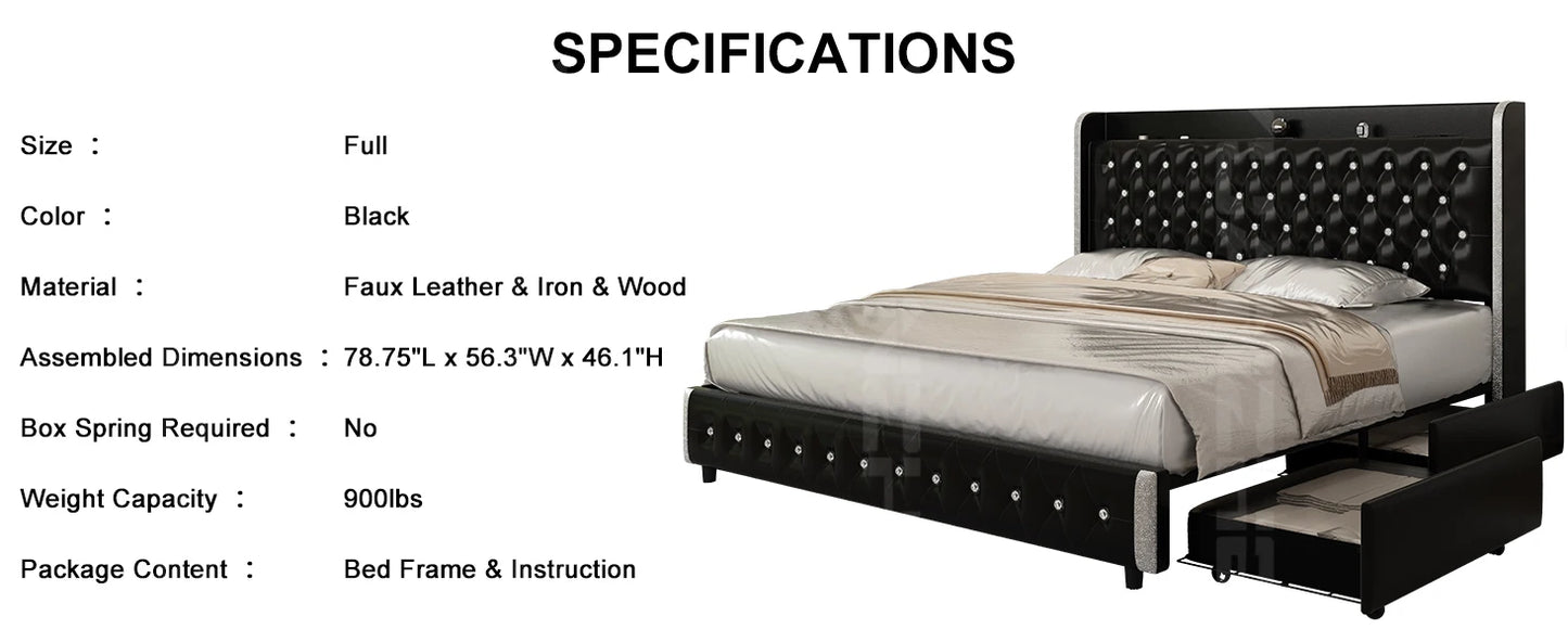 GEGOFORU Queen LED Bed Frame with Galaxy Projector, Bluetooth Speaker, USB Ports, 4 Drawers, No Box Spring Needed, PU Black