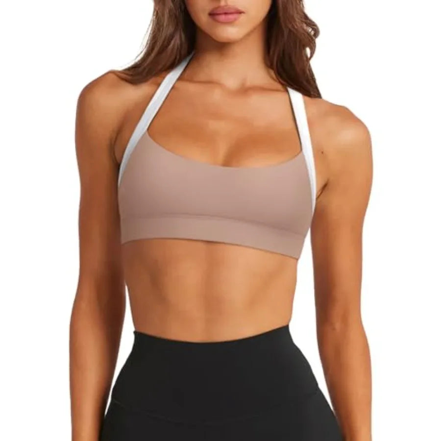 LASLULU Halter Sports Bras for Women Scoop Neck Workout Tops Padded Sleeveless Open Back Yoga Crop Gym Tank Tops