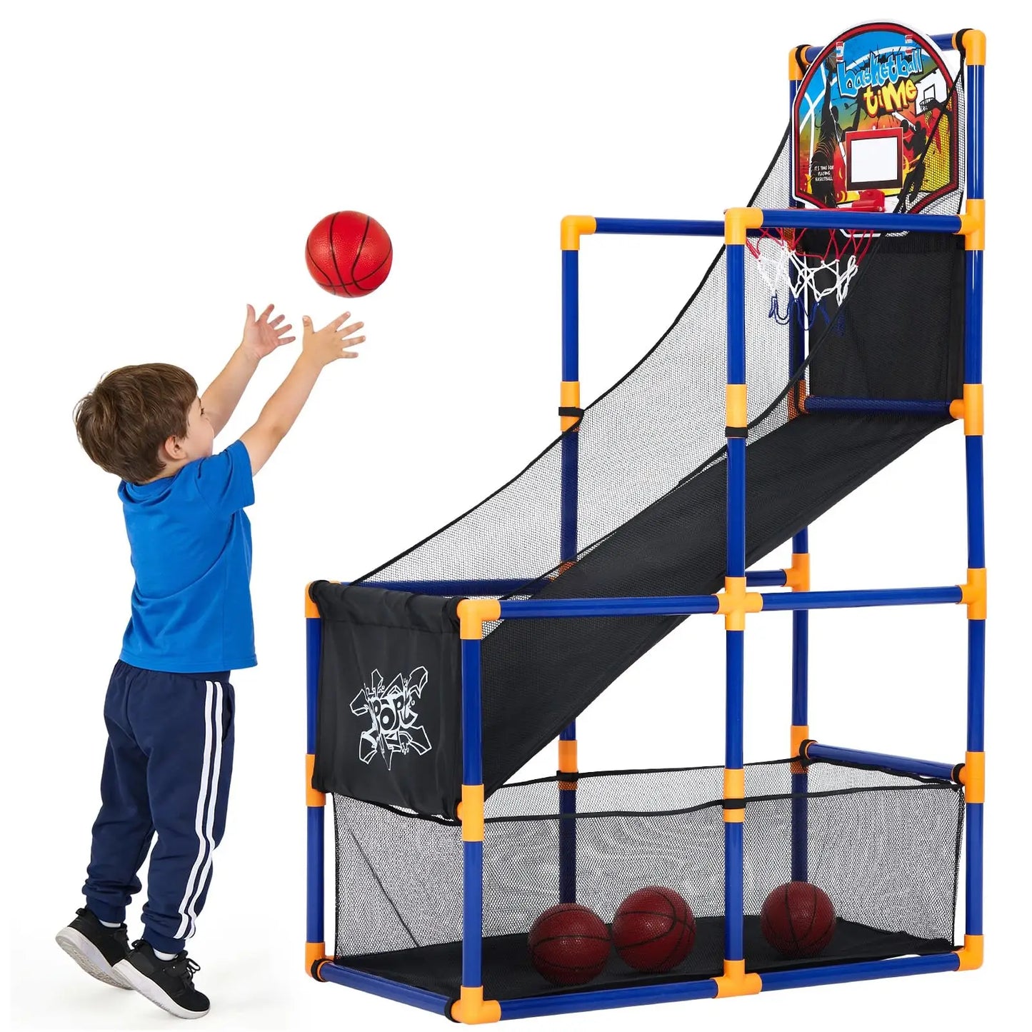 Kids Basketball Arcade Game Set With Ball Return Ramp, Adjustable Indoor Outdoor Hoop Toy With 4 Balls For Boys Girls Age 3-6