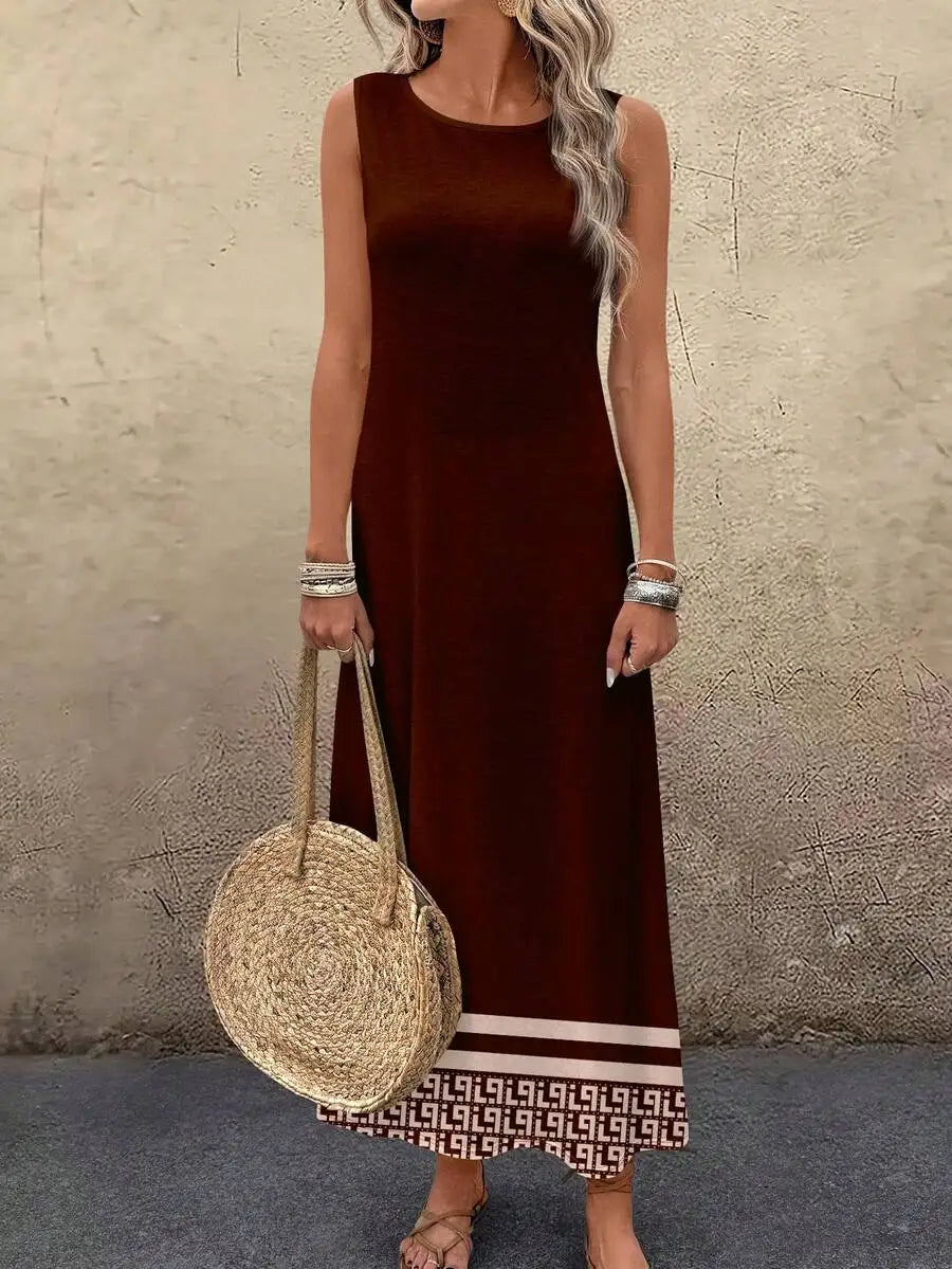 Black Sleeveless Midi Dress with Geometric Print Hem, Loose Fit for Summer Casual Wear
