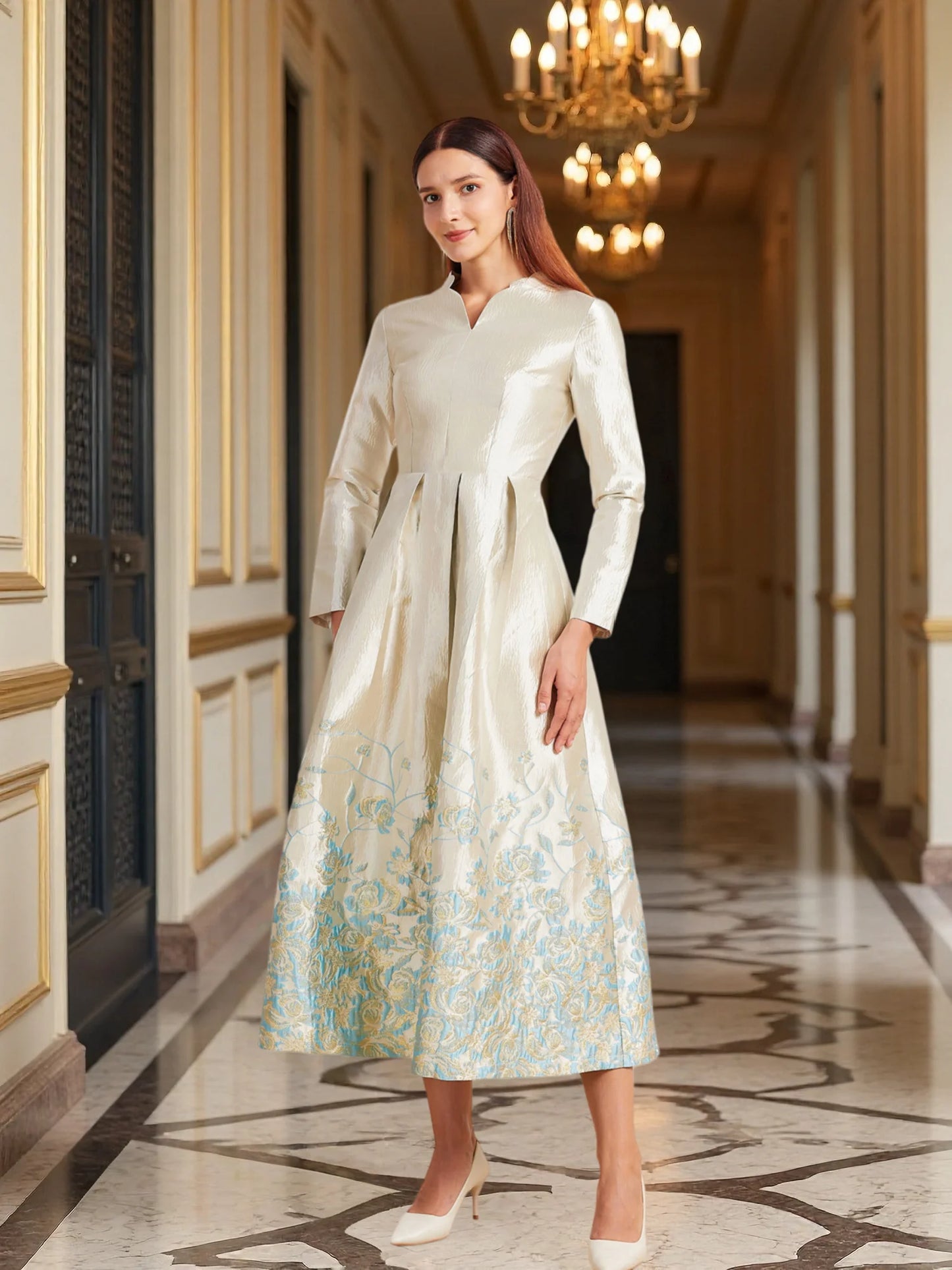 New Plus Size Slimming Dress - Champagne Gold Gradient Jacquard Stand-Collar Long Sleeve Tummy-Control Flared Evening Gown