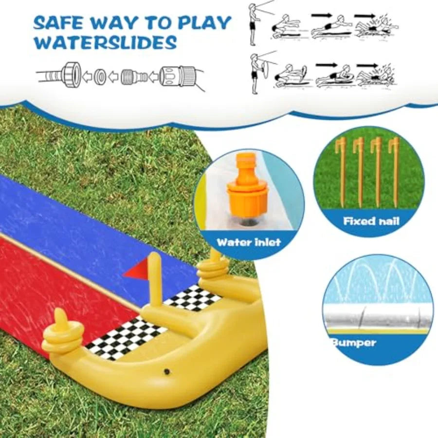 30×5.6FT Lawn Water Slide and 2 InflatableBoards 4 Ring Toss Extra Long Double Lawn Splash Mat Pad with Sprinkler for Adults Ba
