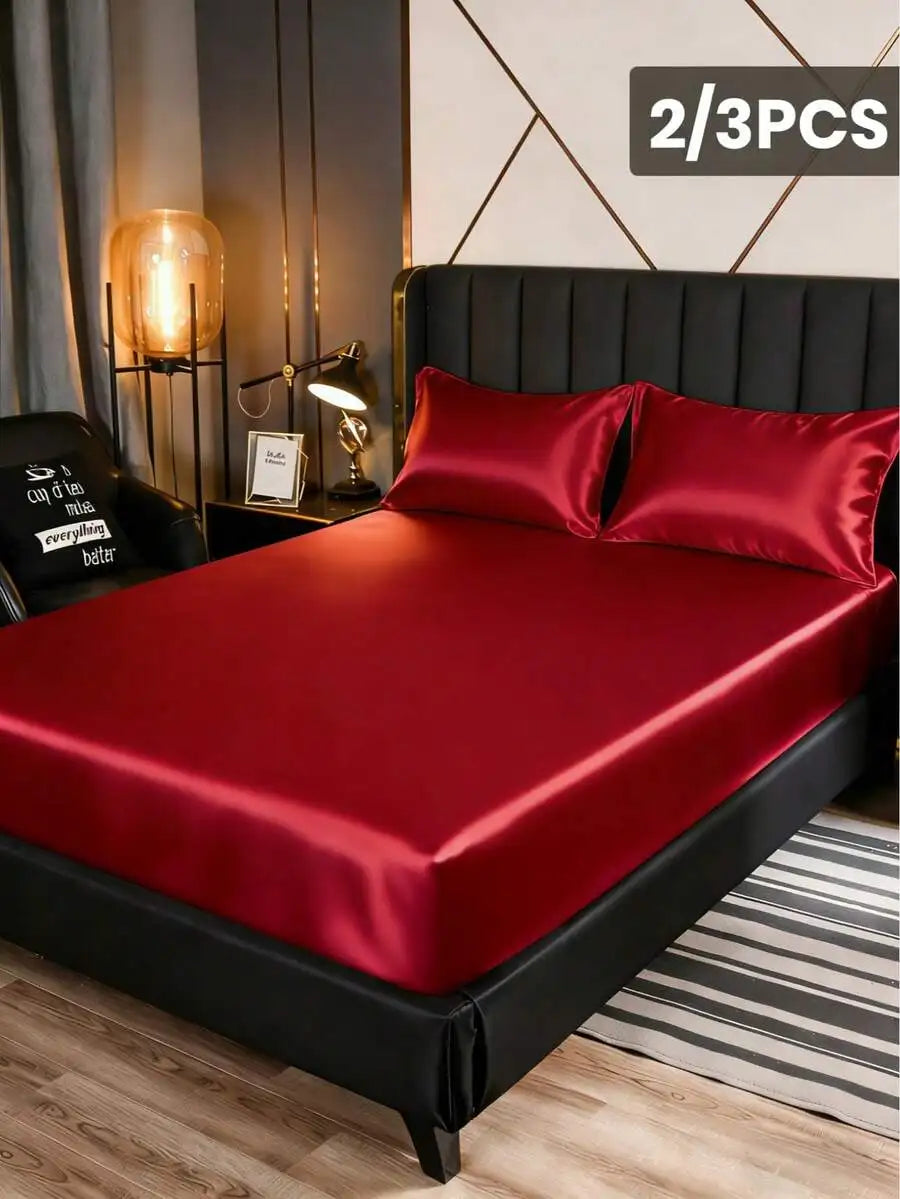 2/3pcs Satin Fitted Sheet Set with Pillowcases, Solid Color, Deep Pocket, Soft & Cool Touch for Queen/King Bed
