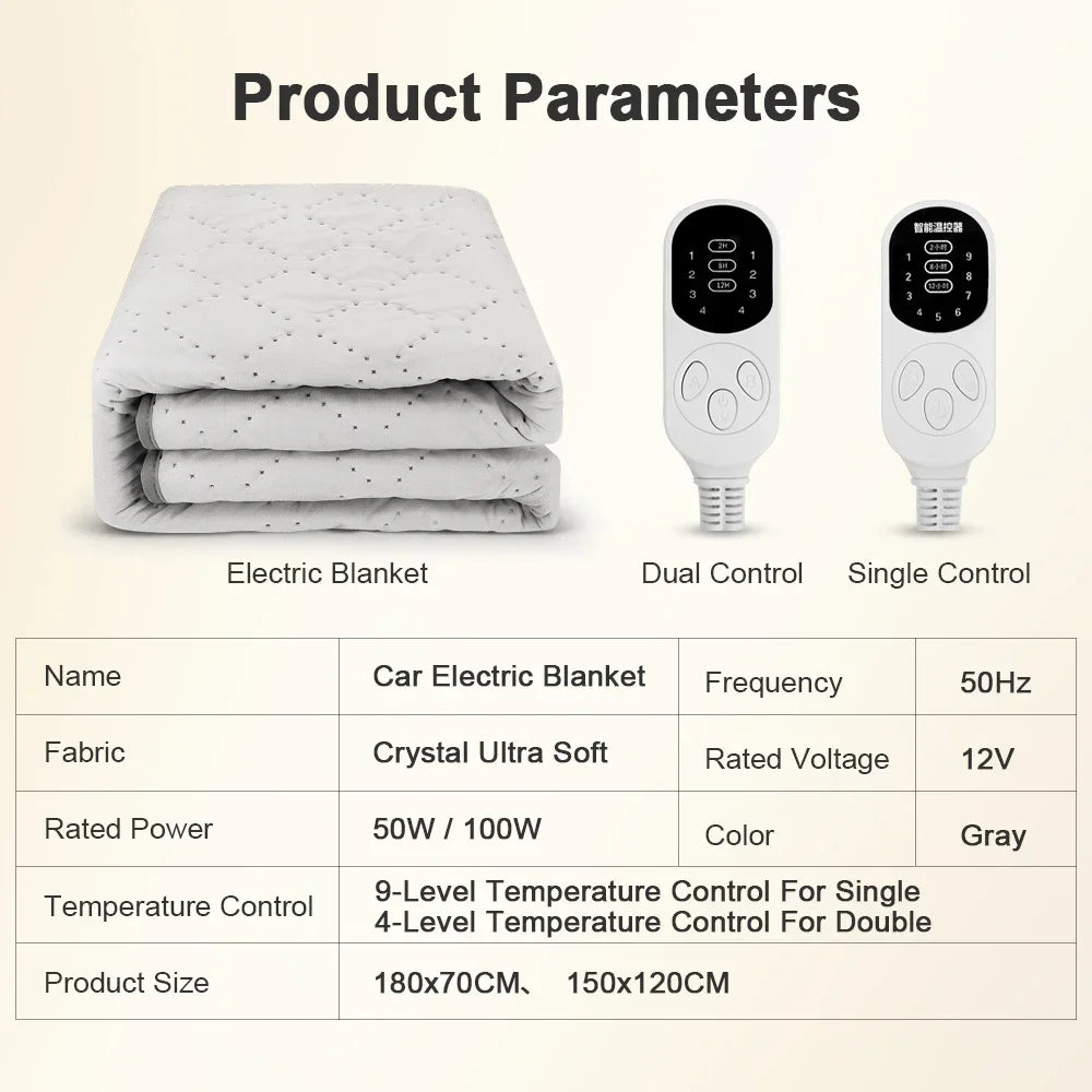 12V Car Electric Heating Blanket Plush 180x70cm Thicker Heated Mattress Auto Sleeper Warm Heater Adjustable Temperature Pad
