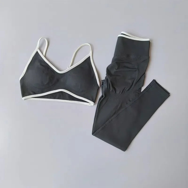 Women's Fitness Suit, Strappy Contrast Color Patchwork Sports Shockproof Slimming Quick-Dry Nude Feel Pants, Yoga Wear