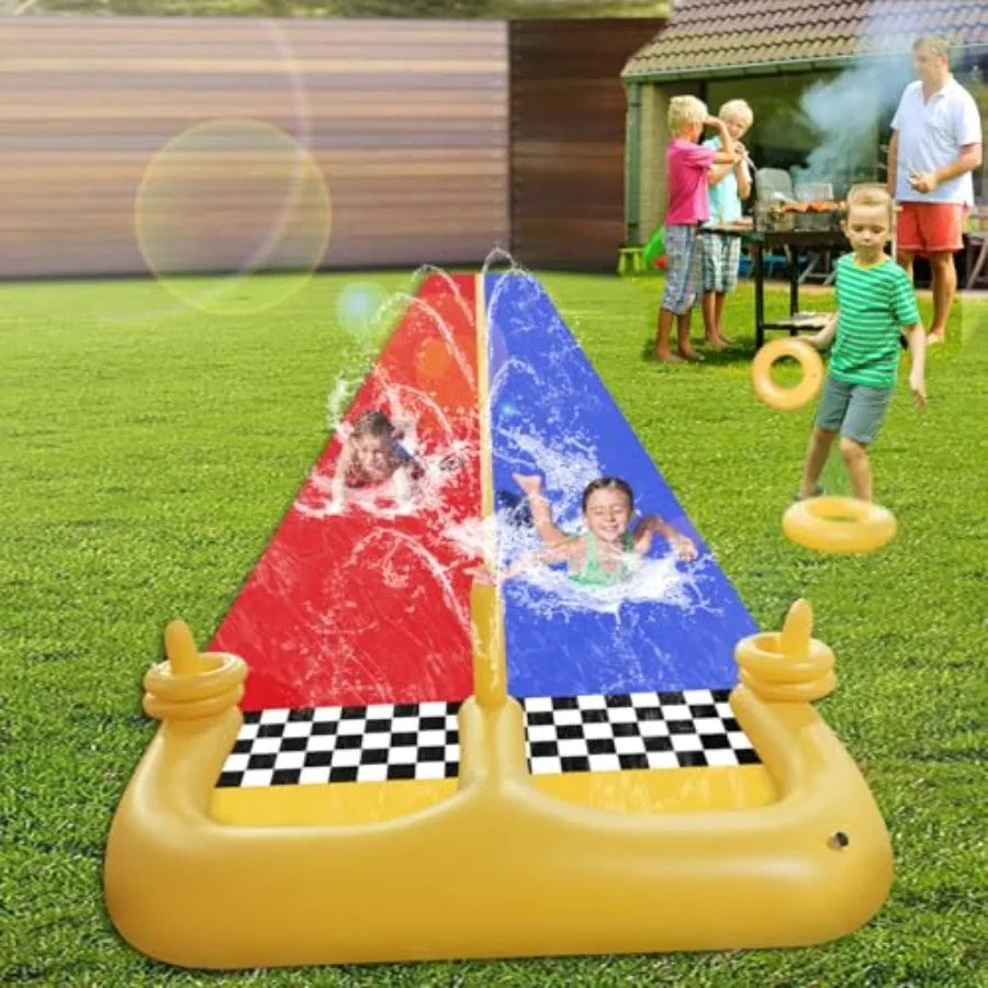 30×5.6FT Lawn Water Slide and 2 InflatableBoards 4 Ring Toss Extra Long Double Lawn Splash Mat Pad with Sprinkler for Adults Ba