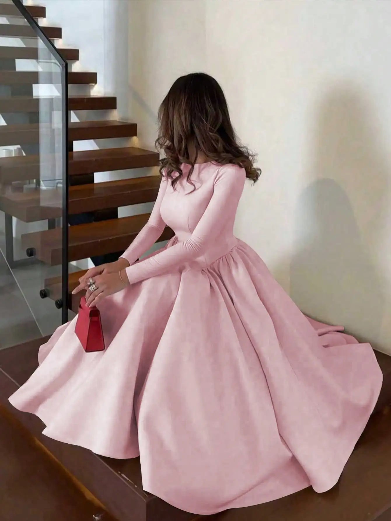 Elegant Pleated Maxi Dress With Long Sleeves And A-Line Skirt
