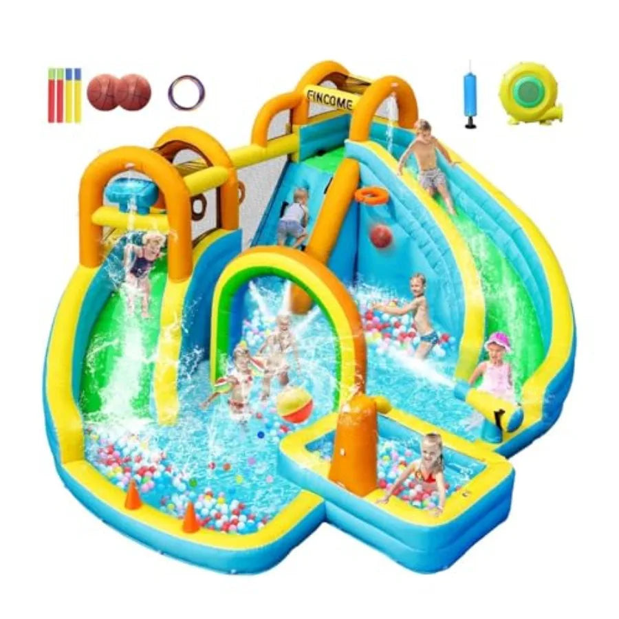 Inflatable Water Slide Bounce House with 2 Slides for Inflatable Waterslide Park with Splash Pool Basketball Hoop Ball Shooting