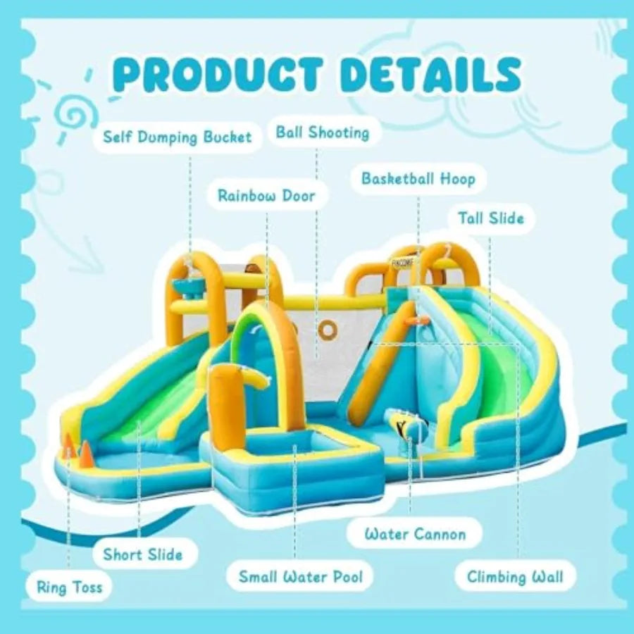 Inflatable Water Slide Bounce House with 2 Slides for Inflatable Waterslide Park with Splash Pool Basketball Hoop Ball Shooting