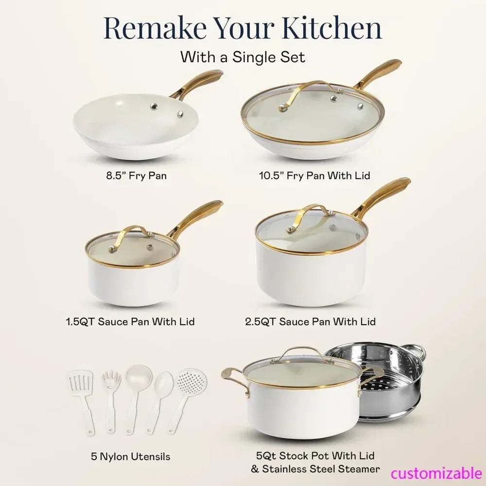 New style 15 Pc Ceramic Cookware Set, Ceramic Pots and Pans Set Non Stick with Cooking Utensils and Steamer, Non Toxic