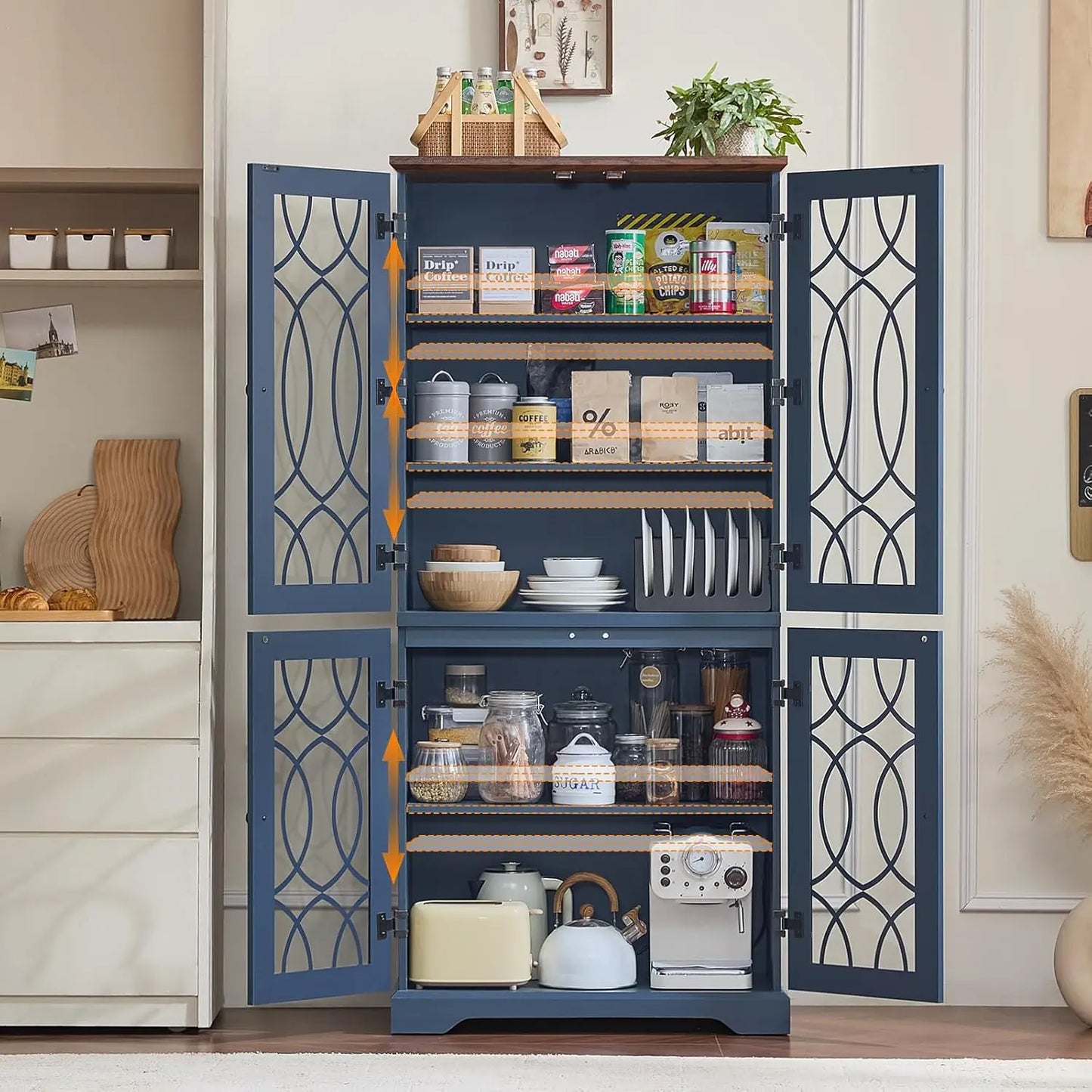 Vintage Wood Pantry Cabinet Set of 2 67 Inch Tall Kitchen Storage with Glass Doors And Adjustable Shelves Customizable