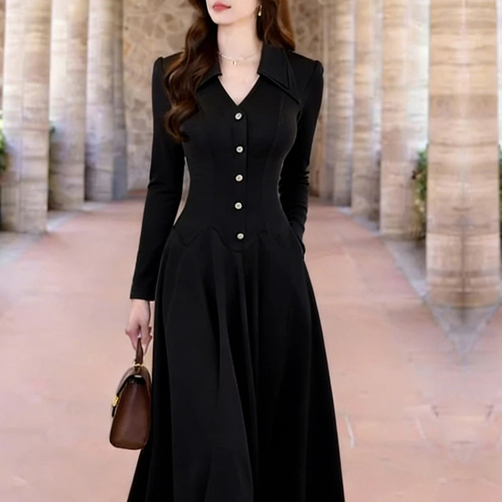 women's dress New French Floor Length Long Dress With Cinched Waist Slimming Female Fashion Long Sleeve Luxury Evening Dress