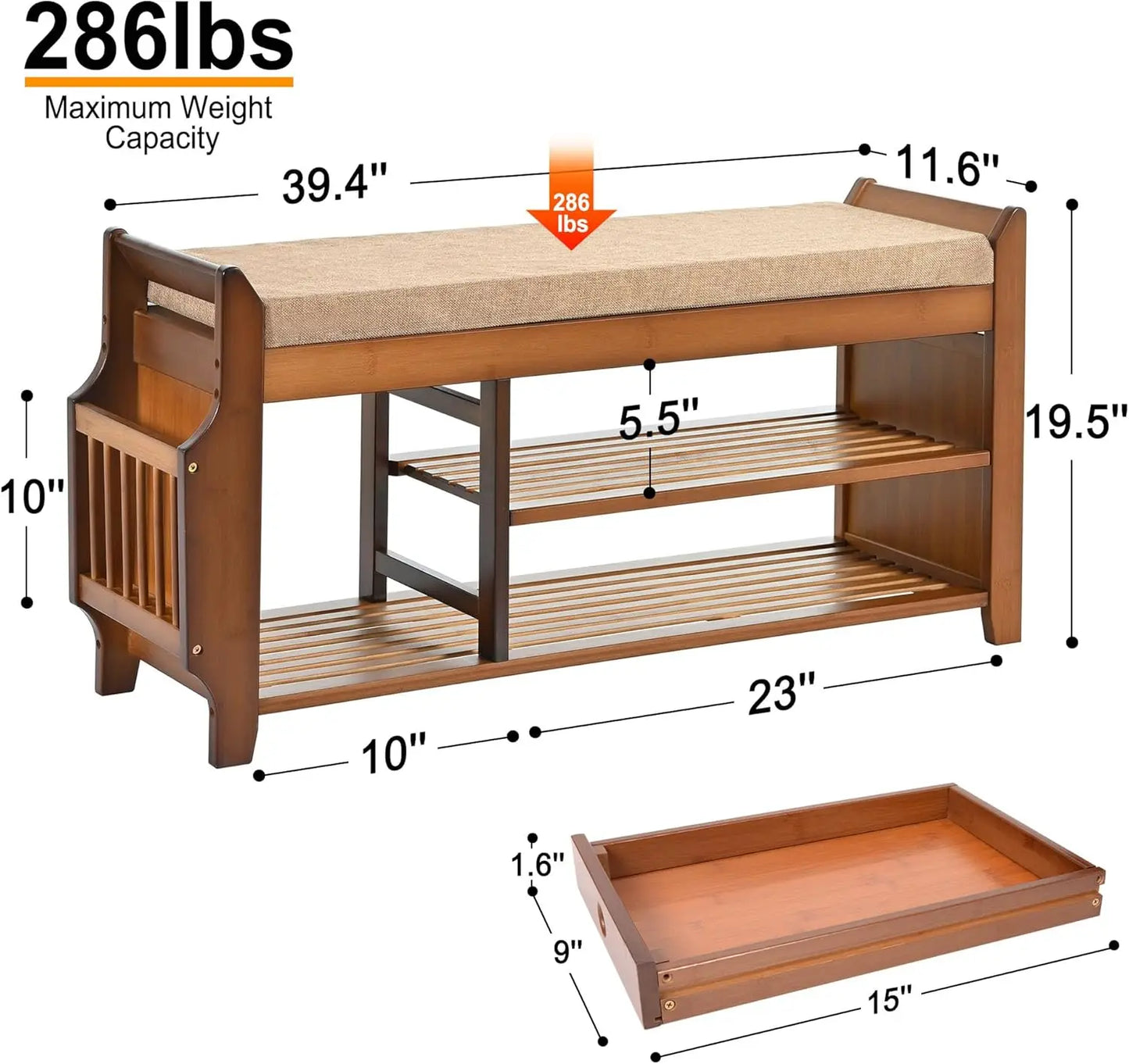 2-Tier Bamboo Shoe Bench with Hidden Drawer, Side Holder, and Cushion for Entryway Storage