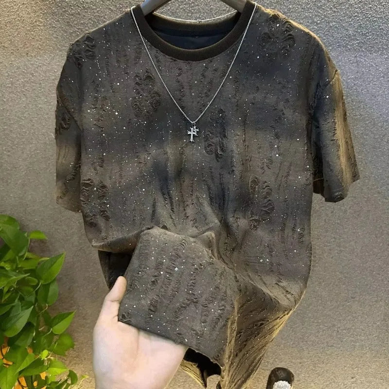 Mens Rhinestone Rivet Round Neck Short Sleeve Tee Casual
