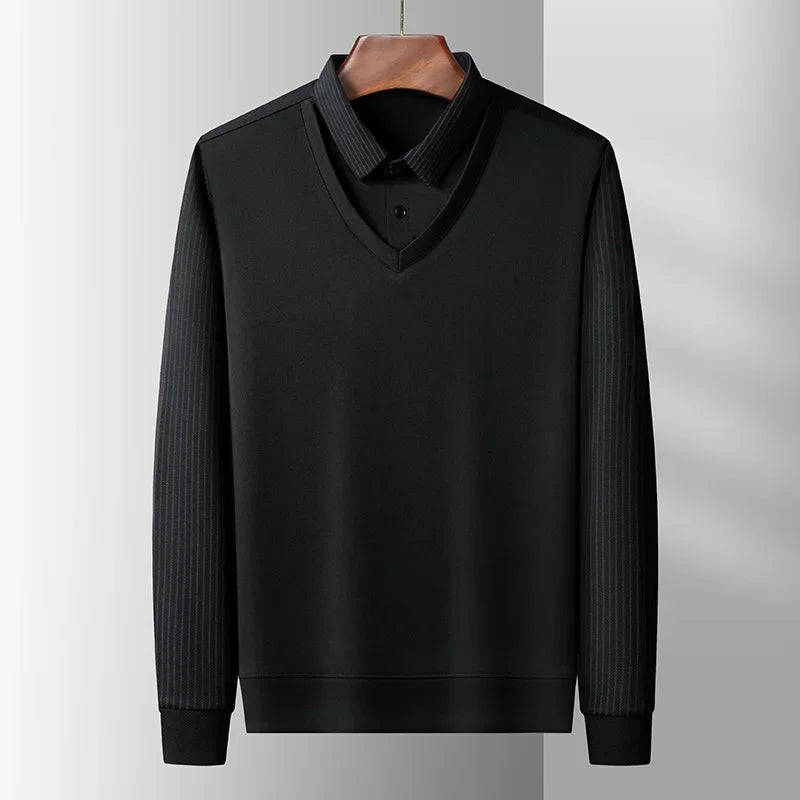 2025 New Men's Casual and Fashionable Long Sleeved Solid Color Fake Two-piece Polo Shirt Business All Season Versatile Top