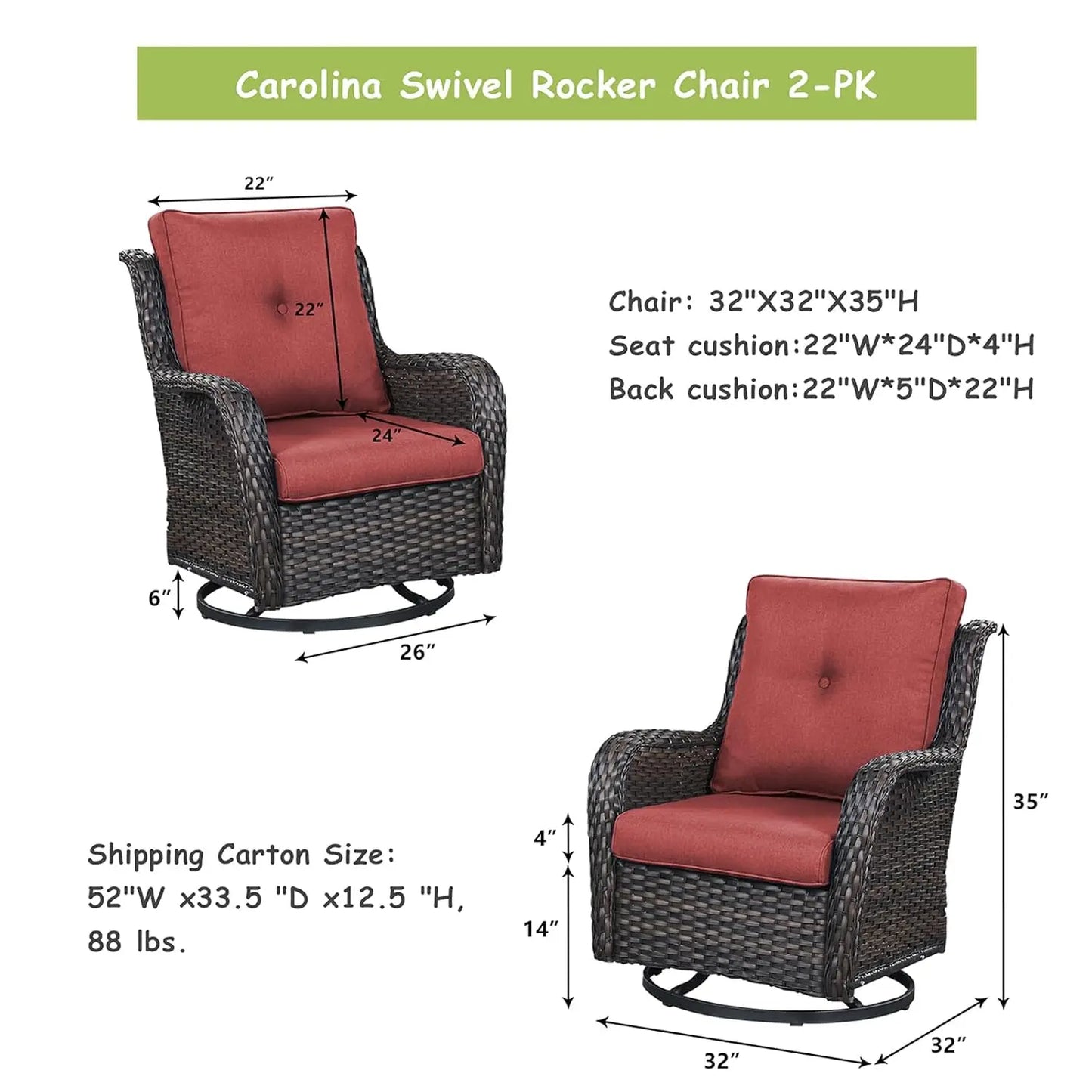 Wicker Rocking Chair Swivel Chairs - 2 Piece Rocker Patio Chairs Set Rattan Rocking Chair for Outdoor Porch Deck, Customized