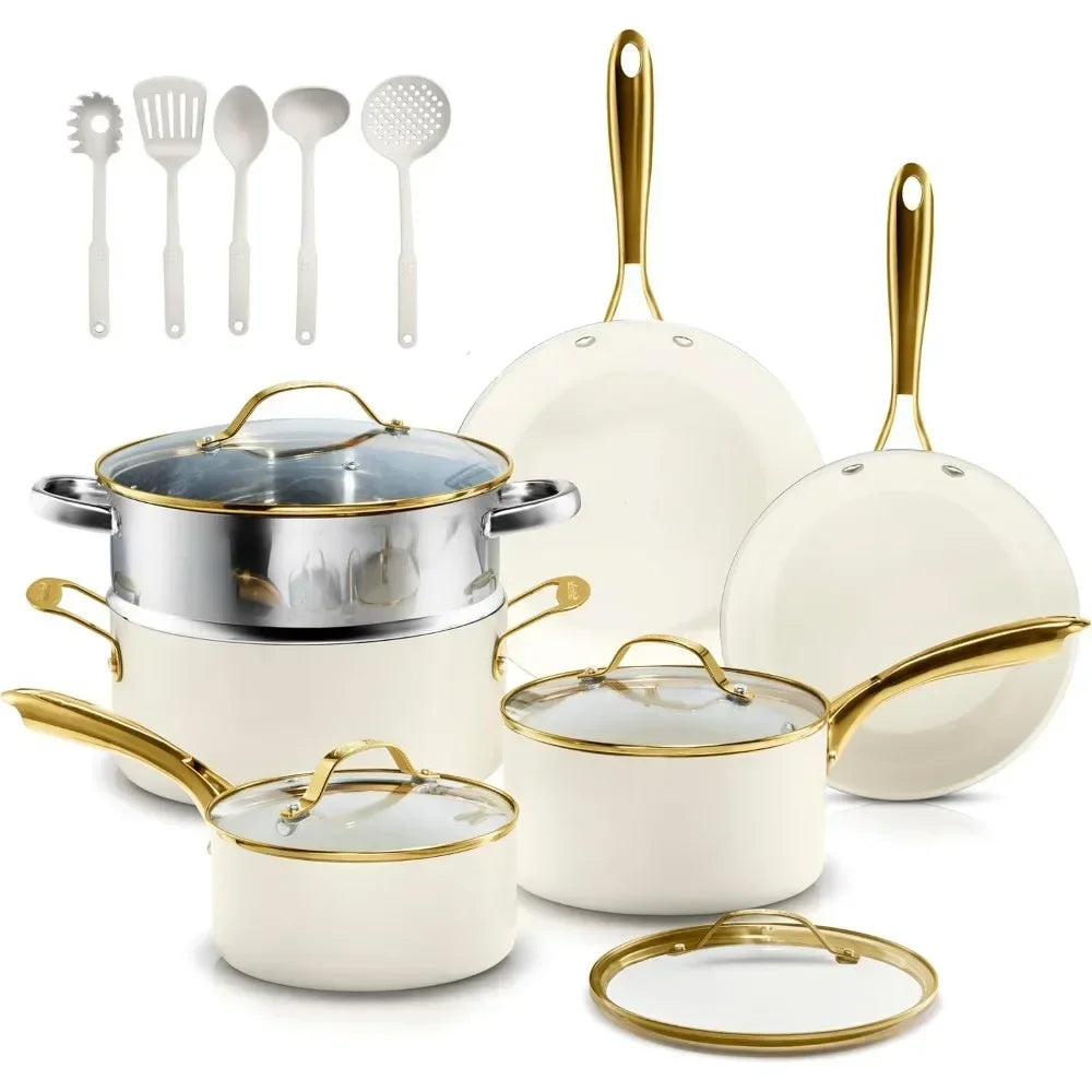 New style 15 Pc Ceramic Cookware Set, Ceramic Pots and Pans Set Non Stick with Cooking Utensils and Steamer, Non Toxic