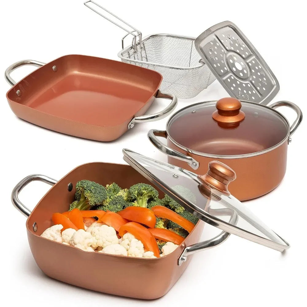 7 Pcs Copper Pots And Pans Set, Copper Chef Cookware Non Stick
