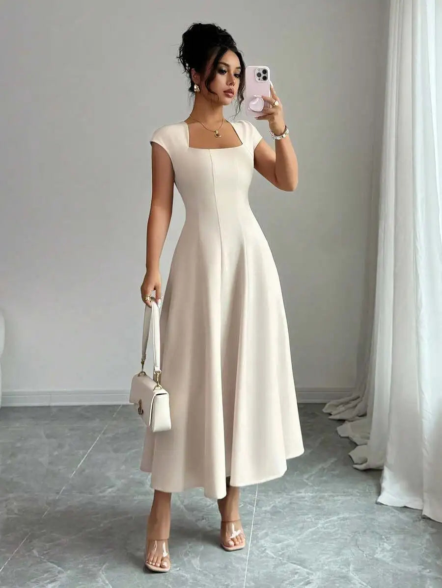 Elegant Square Neck A Line Midi Dress For Spring Summer