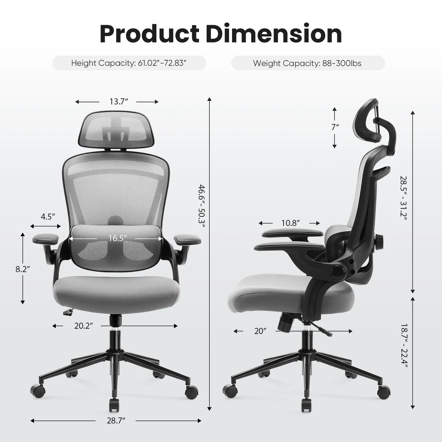 MCQ Office Computer Gaming Chair Ergonomic Flip Armrest Adjustable Headrests and Lumbar Support Mesh Chair For Office Home  ﻿