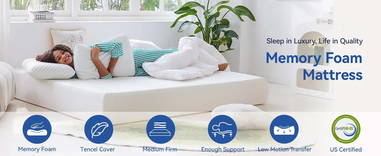 Hcore Extra Firm Memory Foam Mattress 8/10inch Queen Size Mattress with Tencel Cover Firm Mattress for Back Pain