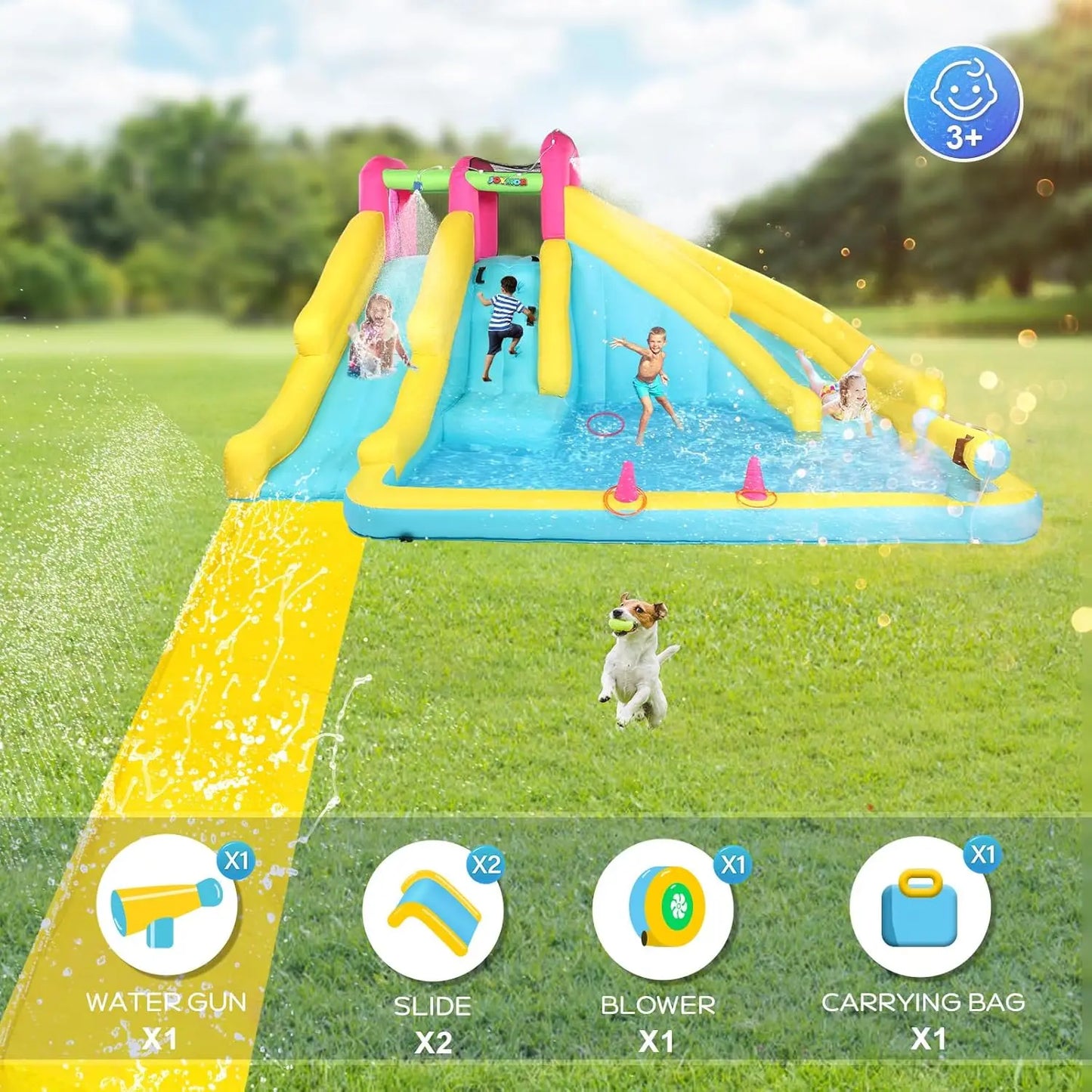 Inflatable Water Slide with 20FT Lawn Water Slide for Kids 3-10Y, 1min Blow Up Water Slide w/Bodyboard, Sprinkler, Backyard Kids