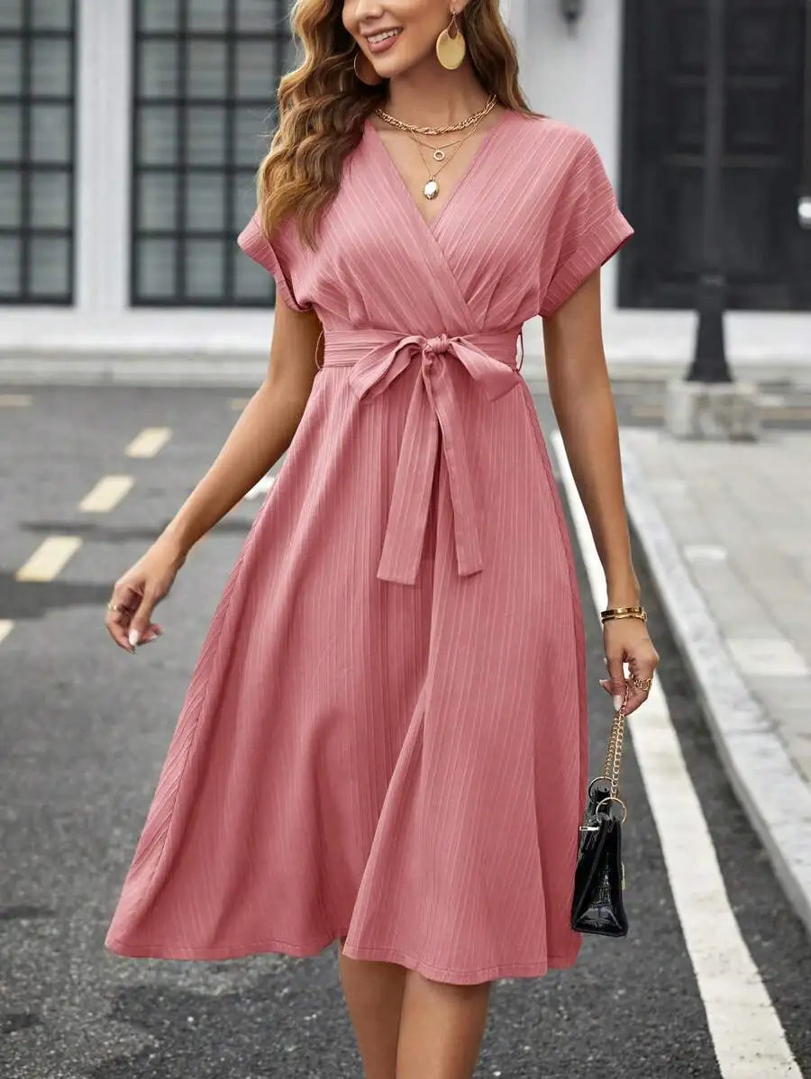 V-Neck Wrap Midi Dress with Self Belt, Short Sleeve, Solid Color, A-Line Fit