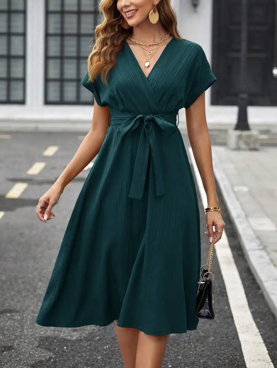 V-Neck Wrap Midi Dress with Self Belt, Short Sleeve, Solid Color, A-Line Fit