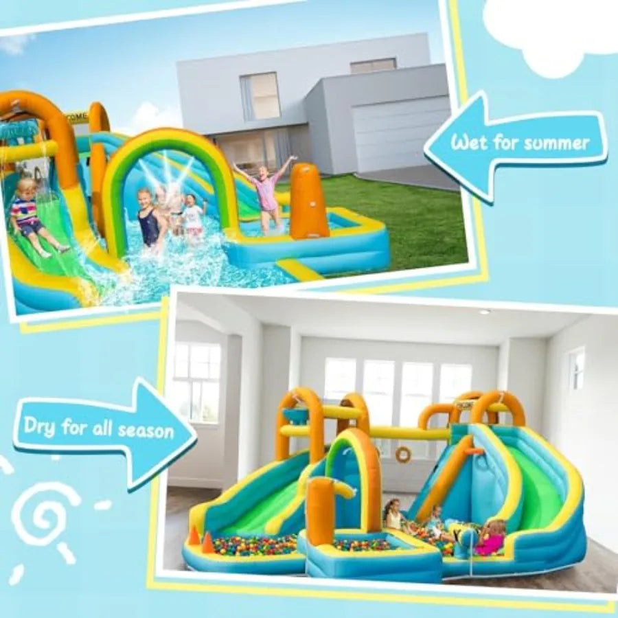 Inflatable Water Slide Bounce House with 2 Slides for Inflatable Waterslide Park with Splash Pool Basketball Hoop Ball Shooting